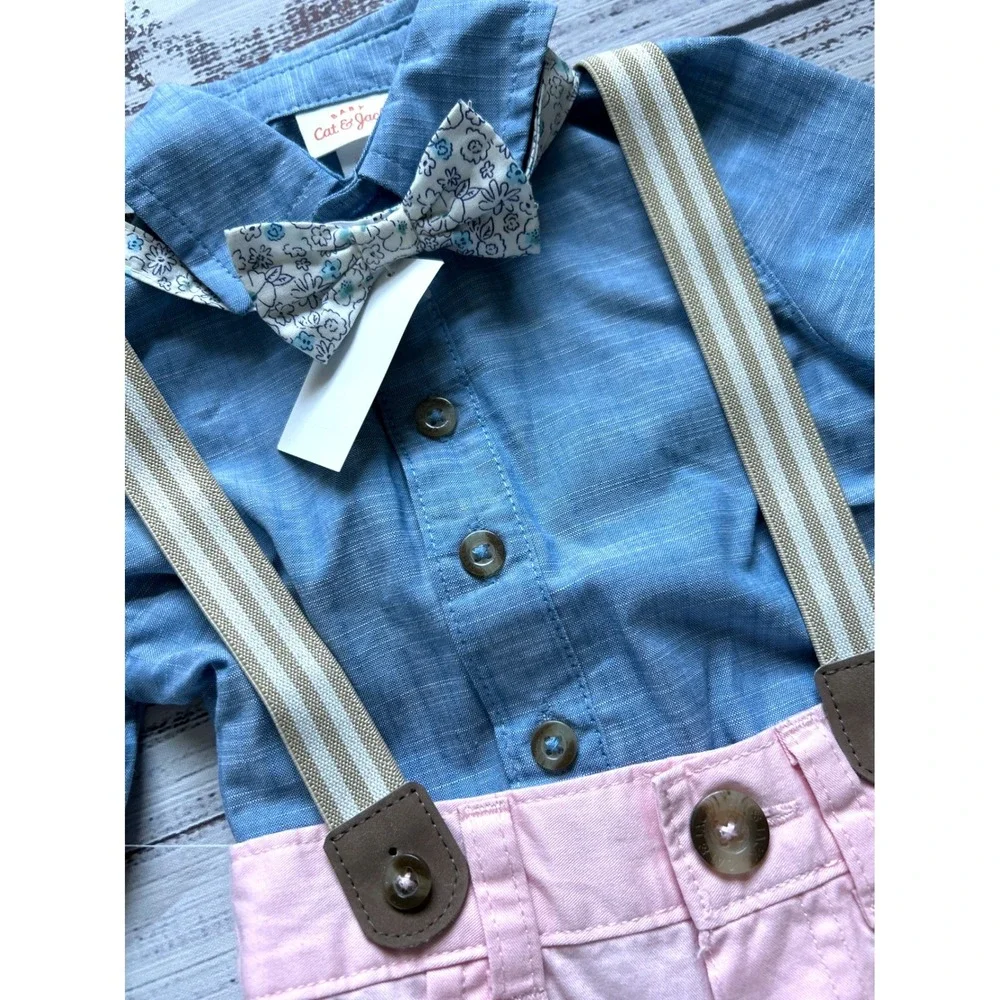 Cat & Jack Outfit Set Kids Blue‎ Pink Bodysuit Suspenders Bow Tie 6-9M